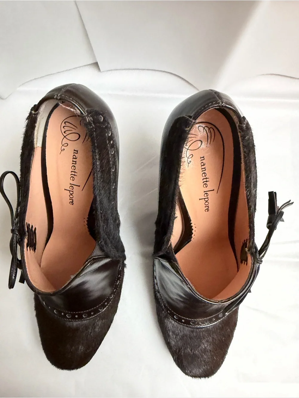 Nanette Lepore brown Fur & Leather Lace-Up Heels